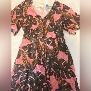 Farm Rio  Pink and Black Leaf Print Dress